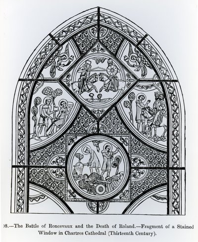 Fragmentti lasimaalauksesta Chartresin katedraalissa, kuvaa Roncevaux