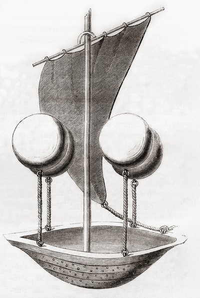 Francesco Lana de Terzin lentävä venekonsepti n. 1670, teoksesta "Les Merveilles de la Science", julkaistu n. 1870 (litho) tekijältä French School