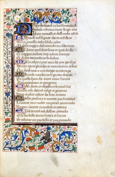 Francesco Petrarca (Petrarca): alku 1300-luvun ranskalaisen koulun valaistusta käsikirjoituksesta. Kunnallinen Raamattu. Riministä. tekijältä French School