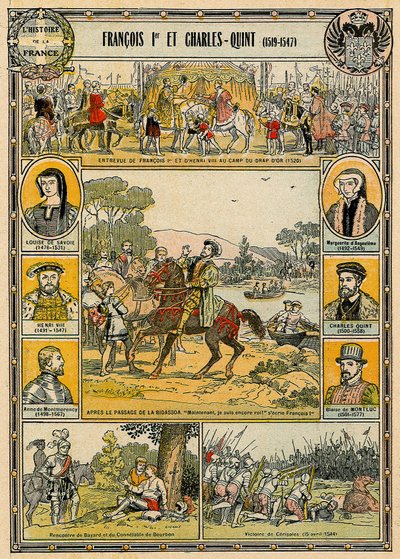 Franciscus I Ranskalainen ja Kaarle V, Pyhän Rooman keisari, kuvitus "Histoire de Francesta" tekijältä French School