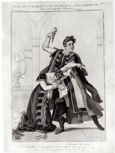 Francois-Joseph Talma (1763-1826) Hamletina ja Mademoiselle Duchenois Gertrudena Shakespearen "Hamletissa", jonka Jean-Francois Ducis on sovittanut, vuoden 1769 jälkeen tekijältä French School