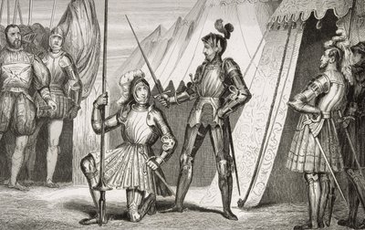 Francois I (1494-1547) kapteeni Bayardin ritariksi Marignanon taistelun jälkeen Colartin "Histoire de France" -kirjasta, julkaistu n. 1840 tekijältä French School