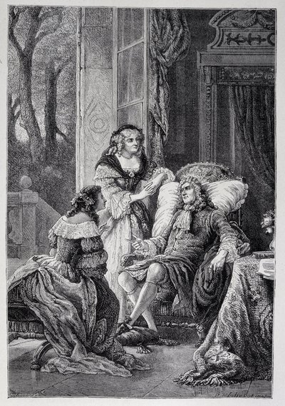 Francois de la Rochefoucauld (1613-1680) keskustelee Mademoiselle de Sevignen (Marie de Rabutin-Chantal), Marquise de Sevigne dit Madame de Sevignen (1626-1696) ja Marie-Madeleinen (Marie Madeleine) Pioche de La Vergnen kanssa, kreivitit (Madam of the F tekijältä French School