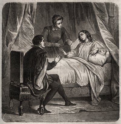 Francoise de Foix, Chateaubriantin kreivitär (n. 1495-1537), sairas, vastaanottaa Clement des Marets dit Marotin (1496-1544), Francois 1:n palvelijan, sängyssä. Kaiverrus vuodelta 1871 Henry de Kockin (1819-1892) teokseen "Histoire Des Cocus Celebres". tekijältä French School