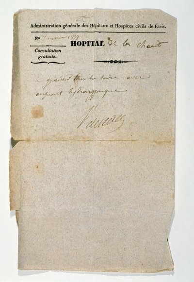 Ilmainen resepti Hopital de la Charitesta, Pariisista, 7. maaliskuuta 1837 tekijältä French School