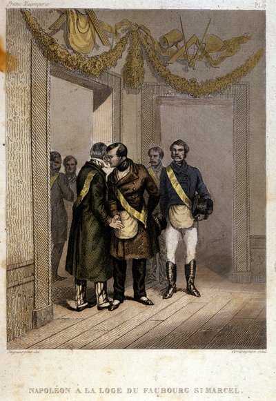 Vapaateko: Napoleon Joseph Charles Paul Bonaparte, lempinimeltään Prinssi Jerome tai Plonplon, tunnistetaan Faubourg Saint Marcelin temppelin sisäänkäynnin luona. Kaiverrus kirjasta "Picture Histoire de la Franc Maconnerie et des Societes Secretes Antique" tekijältä French School