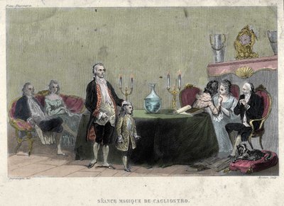 Freemaking: The Seance of Magic, Giuseppe Balsamo, joka tunnetaan myös nimellä Alexander, Cagliostron kreivi (1743 - 1795). Kaiverrus F.-T. B. Neilikka. Pagnerre, toimittaja tekijältä French School