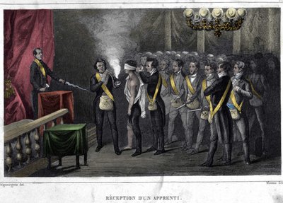 Freemaking: oppisopimuskoulutuksen aloittaminen ja vastaanottaminen. Kaiverrus F.-T. B. Clavel. Pagnere, toimittaja. 1843. tekijältä French School