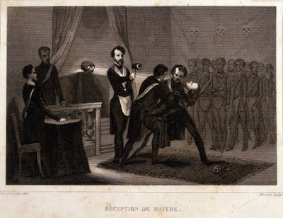Freemaking: Mestarin vastaanotto ja vihkimisriitti. Kaiverrus teoksesta "Picturesque Histoire de la Franc Maconnerie et des Societes Secretes antique et modernes", kirjoittanut F.-T. B. Clavel. Pagnerre, toimittaja. 1843. tekijältä French School