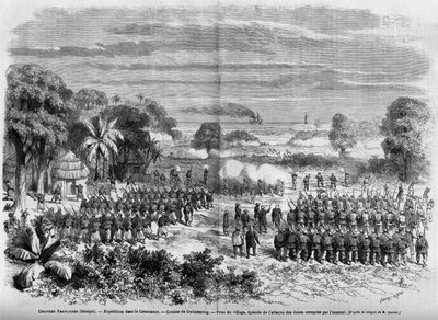 Ranskan siirtomaat (Senegal) 1865: Retkikunta Casamancessa. Guimberingin taistelu, kylän valloitus, jakso vihollisen miehittämien dyynien hyökkäyksestä. tekijältä French School