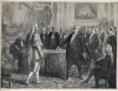 Ranskan vallankumous - Yleiskokous 23.6.1789: Honore Gabriel (Honore-Gabriel) Riqueti, Mirabeaun kreivi (1749-1791) puhui Henri Evrardille (Henri-Evrard), Dreux Brezen (Dreux-Breze) markiisille (1762-) 1829). Kaiverrus vuodelta 1889. Yksityinen kokoelma. tekijältä French School