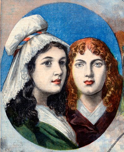 Ranskan vallankumous - Ranskan sankarittaret: Fernigin sisarukset Felicite (1770-1841) ja Theophile (1875-1819), jotka taistelivat mieheksi pukeutuneena itävaltalaisia vastaan katsoakseen isäänsä vuonna 1792 - kuva "Le Petit Journal" -lehdestä 7. elokuuta  tekijältä French School