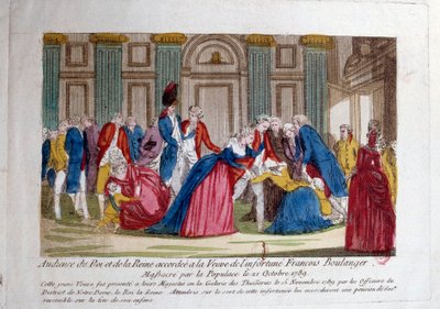 Ranskan vallankumous: "" Ludvig XVI:n ja Marie Antoinetten yleisö 15.11.1789, jonka kansa myönsi Francois Boulangerin verilöylyn leskelle 21.10.1789"" Kaiverrus 1700-luvulta. Pariisi, Arsenaalin kirjasto tekijältä French School