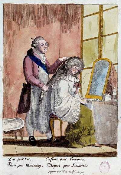 Ranskan vallankumous: Varenneen 20. ja 21.6.1791: Korffin paronittaren lasten kotiopettajattaren väärennetyllä passilla. Anonyymi kolou tekijältä French School