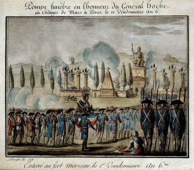 Ranskan vallankumous: "" Funebre-pumpun seremonia kenraali Lazare Hochen (1768-1797) kunniaksi Champs de Marsilla Pariisissa 10. perjantaina, vuosi 6"" Kaiverrus vuodelta 1797. Versailles, Lambinet-museo tekijältä French School