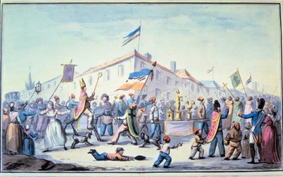 Ranskan vallankumous: "" Muodostettu kansan naamiainen pukeutuu papin vaatteisiin"". Anonyymi vesiväri. 1793. Paris, L