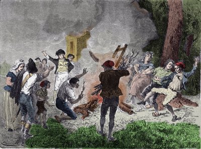 Ranskan vallankumous: "" Ihmiset polttivat Claude Chappen lennätin Saint-Fargeaun puistossa Menilamountissa syyskuussa 1792 uskoen, että se oli laite, joka oli tarkoitettu kommunikoimaan temppelin vankilaan lukitun kuninkaallisen perheen kanssa"" "Kaiverru tekijältä French School