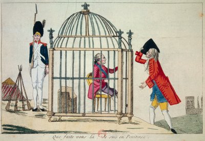 Ranskan vallankumous: "Mitä sinä teet, olen katumuksessa" Kuningas Ludvig XVI (1754-1793) esittää häkissä Varennesiin kesäkuussa 1791 suuntautuvan lentonsa aattona. Satiirinen kaiverrus Pariisi, Arsenaalin kirjasto tekijältä French School