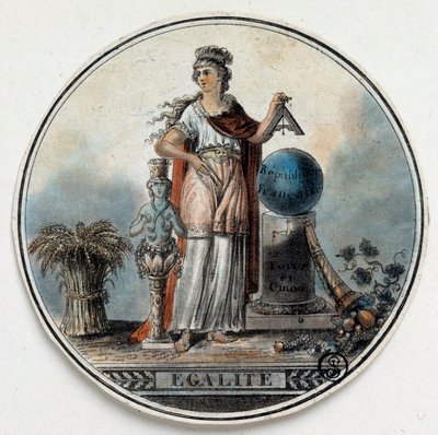 Ranskan vallankumous: allegoria Egalitesta naisena, joka pitelee aukiota lähellä Ranskan tasavaltaa, yltäkylläisyyden sarvi. 1700-luvun lopun Pariisi, B.N. tekijältä French School