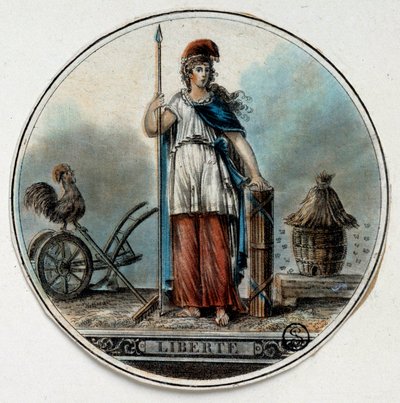 Ranskan vallankumous: allegoria Libertestä naisena mehiläispesän ja kukon lähellä. 1700-luvun lopun Pariisi, B.N. tekijältä French School