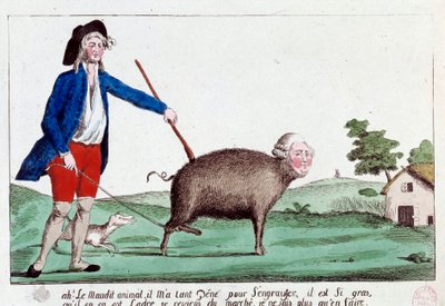 Ranskan vallankumous: sarjakuva, joka kuvaa vallankumouksellista, joka tuo Ludvig XVI:n takaisin marssiporsaan eikä tiedä mitä tehdä sen kanssa. 1792. Nimetön kolorieetsaus, Sun 14x22.8 Paris, Musee Carnavalet tekijältä French School