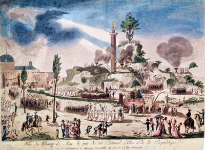 Ranskan vallankumous: Korkeimman Olennon juhla Champs de Marsilla 8.6.1794 (20 Prairial An II). Anonyymi kaiverrus 1700-luvulta. tekijältä French School