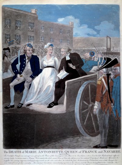 Ranskan vallankumous: "Ranskan kuningatar Marie Antoinette (1755-1793) viedään giljotiinille. Kaiverrus vuodelta 1793. Pariisi, Arsenalin kirjasto tekijältä French School