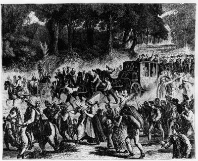 Ranskan vallankumous: kuninkaallisen perheen (Louis XVI ja Marie Antoinette) saapuminen Pariisiin, 5. lokakuuta 1789 - kaiverrus. tekijältä French School