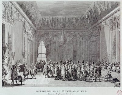 Ranskan vallankumous: päivät 28., 29. ja 30. Prairia vuonna VII, joka johti 18.6.1799 Abbe Emmanuel-Joseph Sieyesin (1748-1836) vallankaappaukseen (tai neuvostojen koston) ja näki useiden Thermidorian-ohjaajien eron. Kaiverrus o tekijältä French School