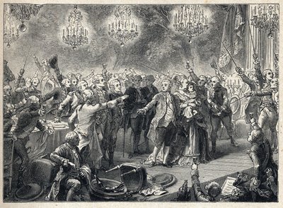 Ranskan vallankumous: kuninkaalliset vannovat uskollisuutta monarkialle kuningatar Marie Antoinetten (1755-1793) kuninkaan Ludvig XVI (1754-1793) ja delfiinin läsnäollessa henkivartijoiden juhlaillassa 1. lokakuuta 1789 Orangeaillesrie de Versaillesrie de  tekijältä French School
