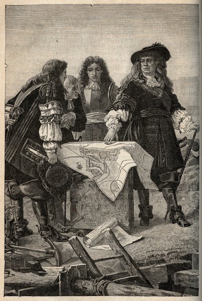 Ranskalainen arkkitehti Vauban laatii Belfortin (Itä-Ranskan) linnoitussuunnitelmat Louis XIV:n pyynnöstä vuonna 1687 - Sebastien Le Prestre de Vauban antaa Belfortin linnoitussuunnitelmat - kaiverrus "" PATRIE" - KUVAUS PECTUREQU tekijältä French School