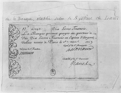 Ranskalainen kymmenen punnan seteli Law Bankista, päivätty 1. huhtikuuta 1719 tekijältä French School