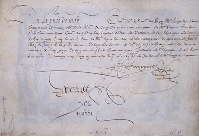 Ranskalainen kalligrafia: Recu Bernard de Beaugrandin hyväksi toimitus 2. heinäkuuta 1623. Pariisin kaupungin historiallinen kirjasto. tekijältä French School