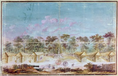 Ranskalaisten siirtolaisten asutus Kouroun rannalla, Guyanassa vuonna 1763 (wc paperilla) tekijältä French School