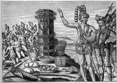 Ranskan siirtomaa Amerikassa: Floridilaiset rakastavat Rene de Laudonnieren muistopylvästä erigeeä Espanjan Ranskan protestanttisia siirtomaita vastaan vuonna 1564 hyökänneiden muistoksi. 1500-luvun kaiverruksesta. Kirjassa "La Marine et les colonies: kaup tekijältä French School