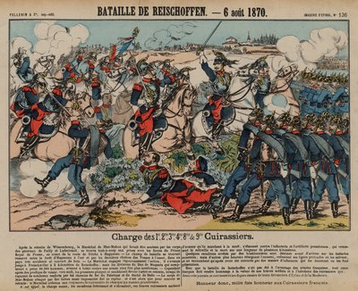 Ranskalaiset kirassirit hyökkäämässä Preussin jalkaväkeä Reichshoffenin taistelussa, Ranskan ja Preussin sodassa, 6. elokuuta 1870 (värillinen kaiverrus) tekijältä French School