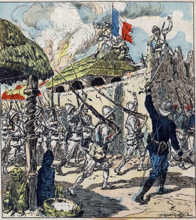 Ranskan retkikunta Dahomeyyn (nykyinen Benin). Ranskalaiset joukot saapuivat Abomeyhin 17. marraskuuta tekijältä French School