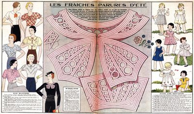 Ranskalainen muoti kesällä 1934: naisellinen muoti (puserot) ja lapsellinen muoti (mekot ja puvut). Teoksessa "Le petit echo de la mode". tekijältä French School