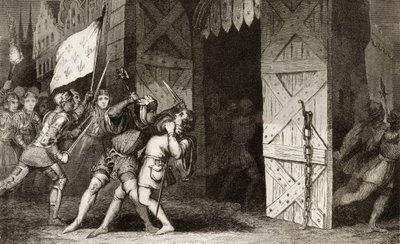 Ranskalaiset ritarit hyökkäävät englantilaisten hallussa olevaan kaupunkiin 100-vuotisen sodan aikana, Colartin "Histoire de France" -julkaisusta, julkaistu noin 1840 tekijältä French School