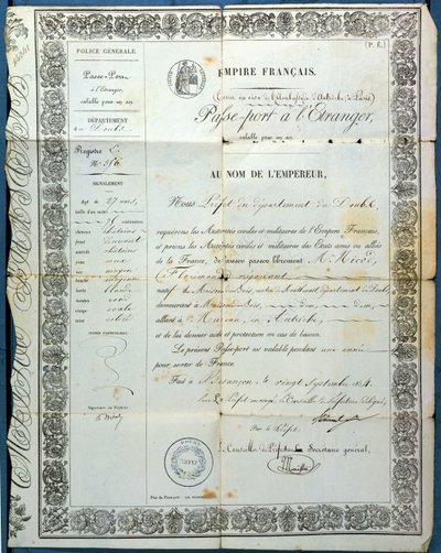 Ranskan passi, Besanconista, 20. syyskuuta 1854 tekijältä French School