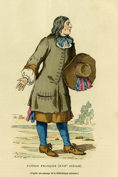 Ranskalainen talonpoika-asu 1700-luvulla. Kaiverrus väreillä kansallisbiblioteekin vedoksen jälkeen, teoksessa "France et les francais a travers les centuries", kirjoittanut Augustin Challamel, F.Royn toimittaja, Paris 1882. Selva Collection. tekijältä French School