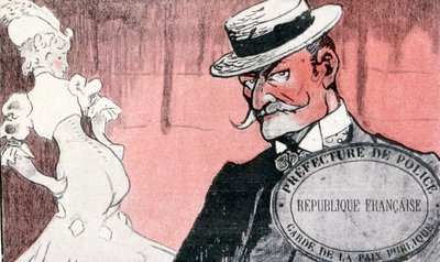 Ranskan poliisi tutkii prostituoitua ennen hänen pidättämistä. 1800-luvun Ranska. Ranskalainen kuvitus 1890 tekijältä French School