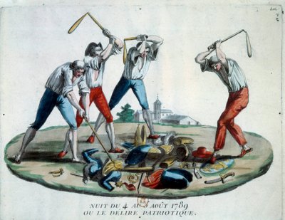Ranskan vallankumous: allegoria 4.8.1789 yöstä, jolloin feodaaliset etuoikeudet ja oikeudet lakkautettiin. Patriot-kansan jäsenet tuhoavat aateliston, papiston ja haarniskan symbolit. Kaiverrus vuodelta 1789. Pariisi, Arsenaalin kirjasto tekijältä French School