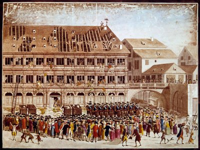 Ranskan vallankumous: Strasbourgin kaupungintalon ryöstö 20.7.1789. Anonyymi printti. Paris, B.N. tekijältä French School