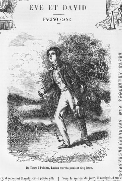 Toursista Poitiersiin, Lucien de Rubempre kävelee viisi päivää, kuvitus Honore de Balzacin teoksesta "Les Illusions perdues" tekijältä French School