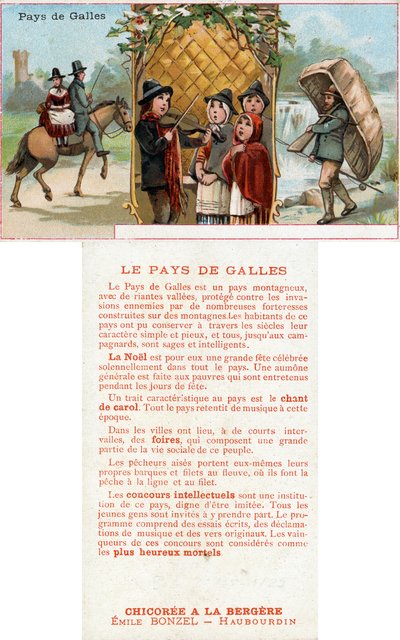 Edessä ja kääntöpuolella Chicorée à la Bergère -juoman kampanjakortti, jossa on kuvia Walesin elämästä, n. 1890 (katso myös 488433) tekijältä French School