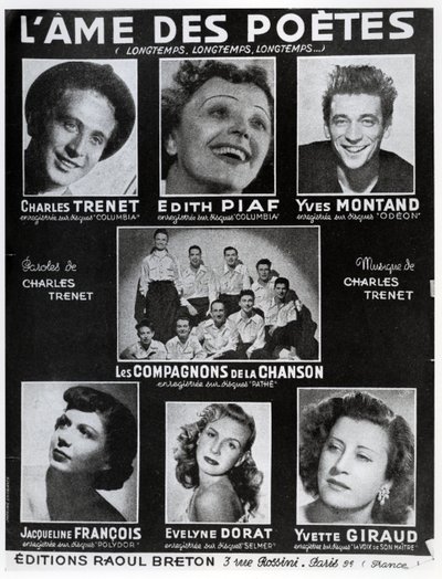 Etukansi kappaleen LAme des Poetes partituurista Charles Trenetin sanoilla ja musiikilla, julkaissut Pariisissa Editions Raoul Breton tekijältä French School