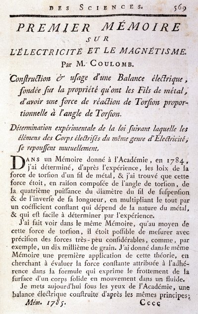 Coulombin kirjan ""Ensimmäinen muistelma sähköstä ja magnetismista"" etupuoli tekijältä French School