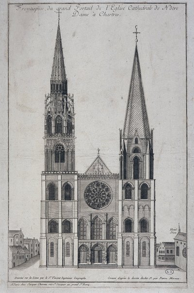 Cathedrale de Notre Dame à Chartresin suuren portaalin etupiha, jonka on suunnitellut paikan päällä Saint Vincent Geographer Engineer, sd. 1800-luvulla tekijältä French School
