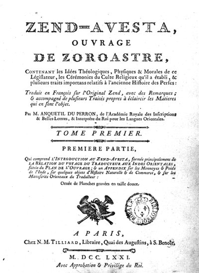 Etukuva Zend Avestan painoksesta, 1771 tekijältä French School